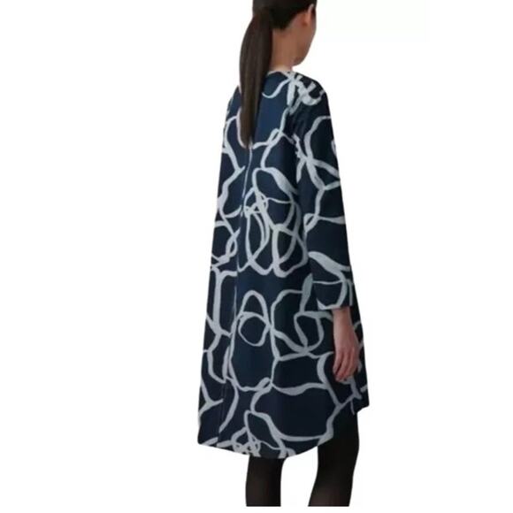 COS Mini Dress Navy Abstract‎ Print Voluminous A-Line Hi Low Long Sleeve US4 - Picture 2 of 9
